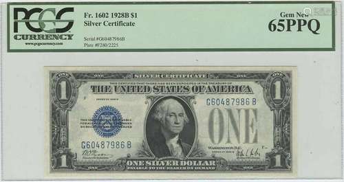 1928B $1 Silver Certificate FR#1602 PCGS 65 PPQ Gem New