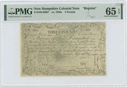 1755/6 New Hampshire 3 Pounds NH-98 PMG GEM 65 EPQ c. 1850 C...