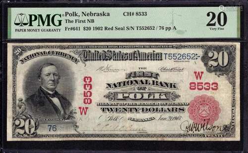 1902 $20 FIRST NATIONAL BANKNOTE POLK NEBRASKA ONLY RED SEAL...