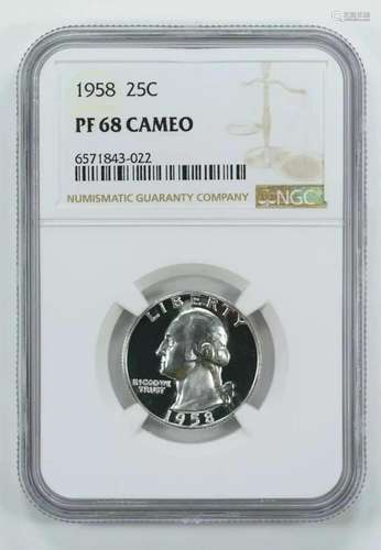 1958 PROOF WASHINGTON QUARTER 25C SILVER NGC CERTIFIED PF 68...