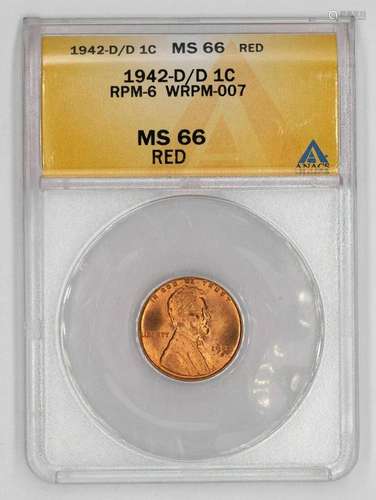 1942 D/D LINCOLN WHEAT CENT PENNY 1C ANACS MS 66 RED RPM 6 W...