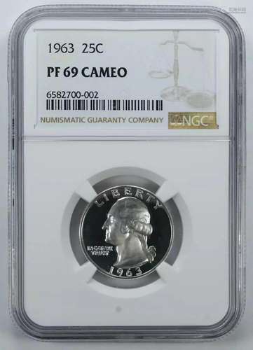 1963 PROOF WASHINGTON QUARTER 25C SILVER NGC CERTIFIED PF 69...