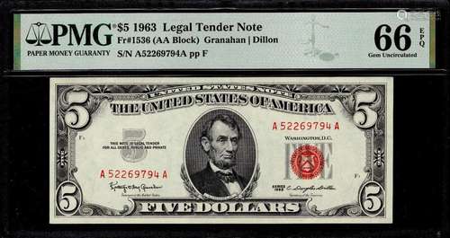 1963 $5 LEGAL TENDER NOTE RED SEAL FR.1536 AA BLOCK PMG GEM ...