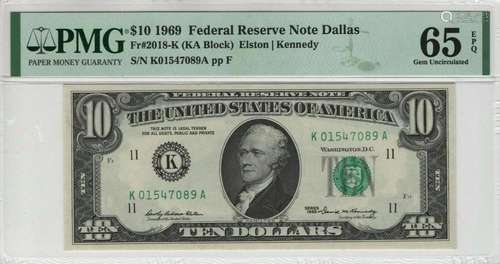 1969 $10 FEDERAL RESERVE NOTE DALLAS FR.2018-K KA BLOCK PMG ...