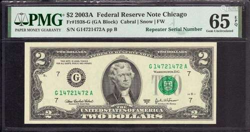 2003 A $2 FEDERAL RESERVE NOTE CHICAGO REPEATER SERIAL PMG G...