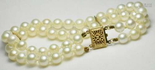 Pearl 6mm Strand Double Strand Bracelet 14K Gold Clasp - Len...