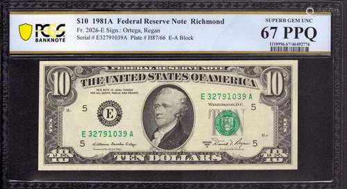 1981 A $10 FEDERAL RESERVE NOTE RICHMOND FR.2026-E PCGS B SU...