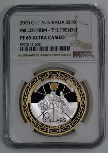 2000 PROOF GILT AUSTRALIA MILLENNIUM S$10 SILVER NGC PF 69 U...