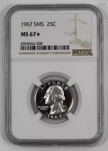 1967 SMS WASHINGTON QUARTER 25C NGC CERTIFIED MS 67* MINT ST...