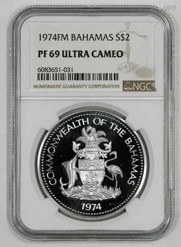 1974 FM PROOF BAHAMAS SHIELD FLAMINGO S$2 NGC CERTIFIED PF 6...