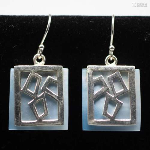 STERLING SILVER GRAY BLUE SQUARE GEOMETRIC DESIGN EARRINGS N...