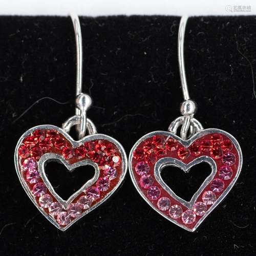 STERLING SILVER RED PINK HEART RHINESTONE DROP EARRINGS 925 ...