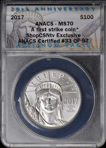 2017 Platinum Eagle ANACS MS70 First Strike $100 20th Anniv