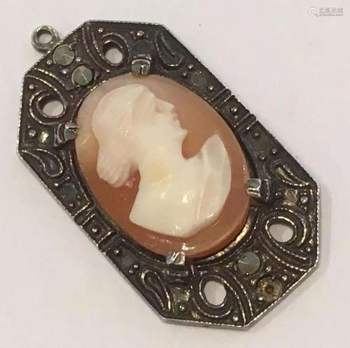 Art Deco Small Cameo Shell Pendant Sterling Silver Marcasite