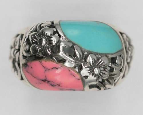 STERLING SILVER TURQUOISE PINK STONE FLOWER RING 925 NEW OLD...