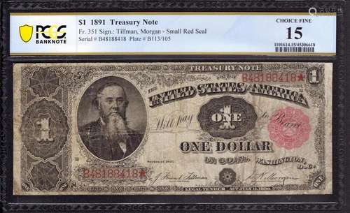 1891 $1 TREASURY NOTE CURRENCY FR.351 TILLMAN / MORGAN PCGS ...