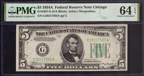 1934 A $5 FEDERAL RESERVE NOTE CHICAGO FR.1957-G GA BLOCK PM...