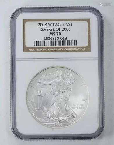 2008 W AMERICAN SILVER EAGLE S$1 REV OF 2007 NGC MS 70 UNC 1...