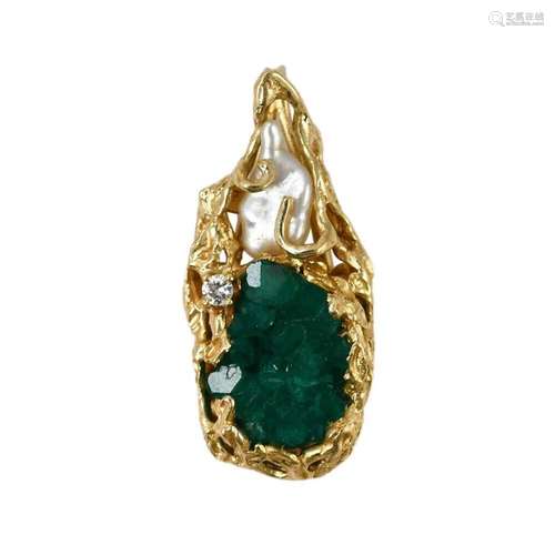 14K Yellow Gold Emerald Crystals Pendant 6.9g