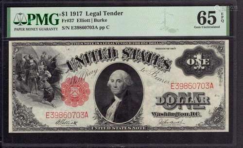 1917 $1 LEGAL TENDER NOTE FR.37 ELLIOTT BURKE PMG GEM UNC 65...