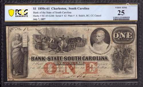 1861 $1 BANK OF SOUTH CAROLINA CHARLESTON OBSOLTE NOTE LOW S...