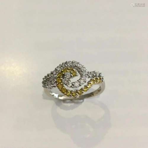 14k White Gold Swirl Design Ring with White and Yellow Diamo...