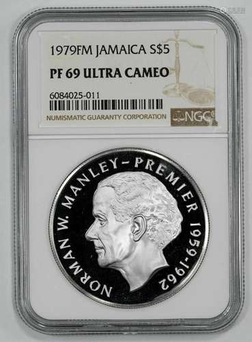 1979 FM PROOF JAMAICA SHIELD S$5 SILVER NGC PF 69 ULTRA CAME...