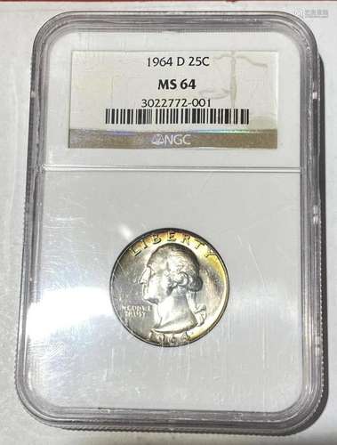 1964 D Washington Quarter NGC MS-64 Rainbow Toning