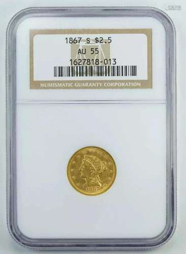 1867 S LIBERTY HEAD QUARTER EAGLE $2.50 GOLD NGC CERTIFIED A...