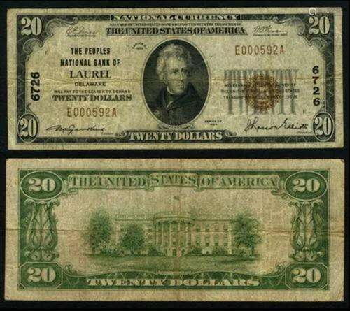 Laurel DE $20 1929 T-1 National Bank Note Ch #6726 Peoples N...