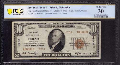 1929 T2 $10 FIRST NATIONAL BANKNOTE CURRENCY FRIEND NEBRASKA...