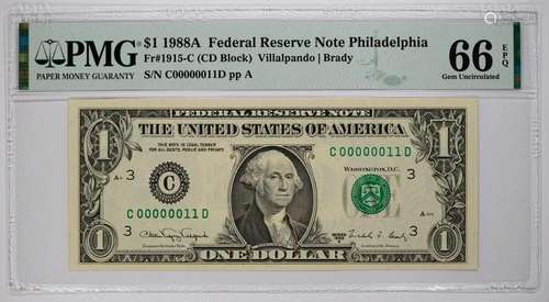 1988 A $1 FEDERAL RESERVE NOTE PHILADELPHIA BINARY LOW SERIA...