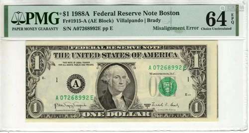 1988 A $1 FEDERAL RESERVE NOTE BOSTON MISALIGNMENT ERROR PMG...