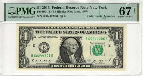 2013 $1 FEDERAL RESERVE NOTE NEW YORK FR.3001-B RADAR SERIAL...