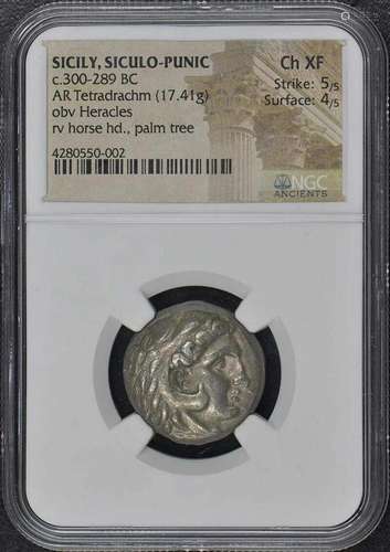 c.300-289 BC SICILY SICULO-PUNIC AR Tetradrachm NGC XF45