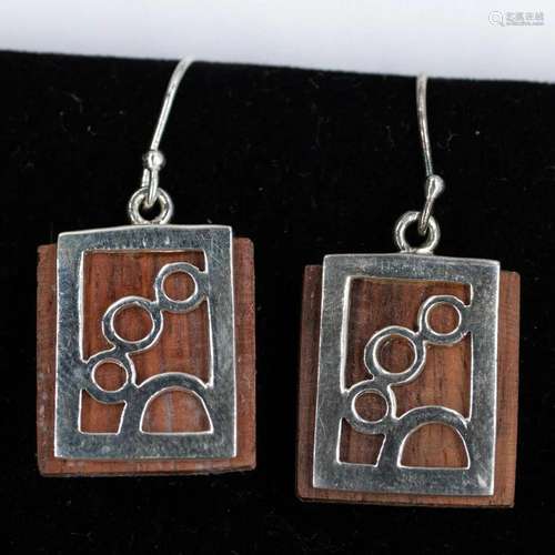 STERLING SILVER WOOD BROWN SQUARE BUBBLE DESIGN EARRINGS 925...