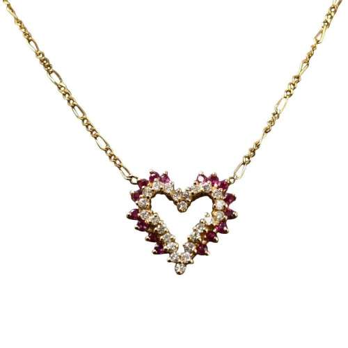 14ky Ruby & Diamond Heart Pendant Necklace 4.1g