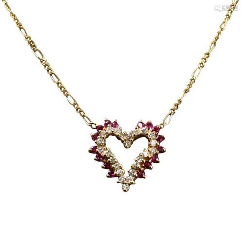 14ky Ruby & Diamond Heart Pendant Necklace 4.1g