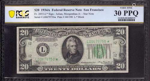 1934 A $20 FEDERAL RESERVE STAR NOTE SAN FRANCISCO FR.2055-L...