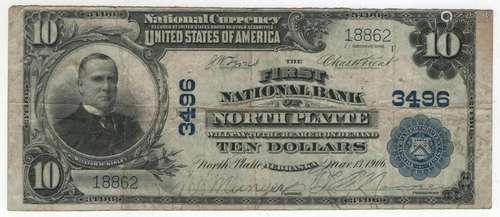 1902 PB $10 NATIONAL BANKNOTE NORTH PLATTE NEBRASKA CURRENCY...