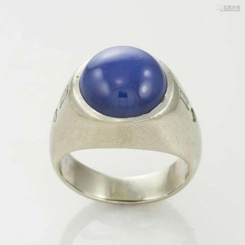 14k White Gold Synthetic Blue Star Sapphire Ring with Diamon...