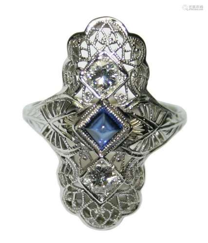 18k White Gold Art Deco Diamond and Sapphire Three Stone Rin...