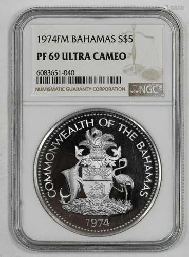 1974 FM PROOF BAHAMAS SHIELD FLAG S$5 PIRATE MOTTO NGC PF 69...