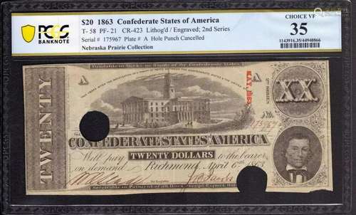 1863 $20 CONFEDERATE STATES OF AMERICA NOTE T-58 PF-21 PCGS ...