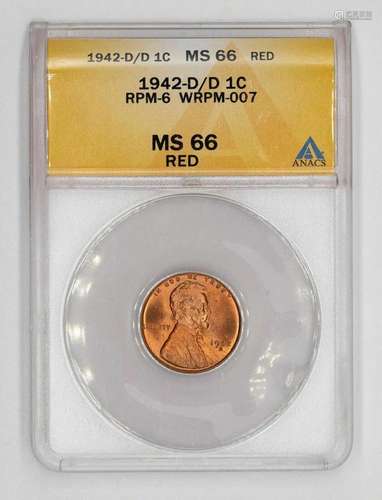 1942 D/D LINCOLN WHEAT CENT PENNY ANACS MS 66 RED RPM 6 WRPM...