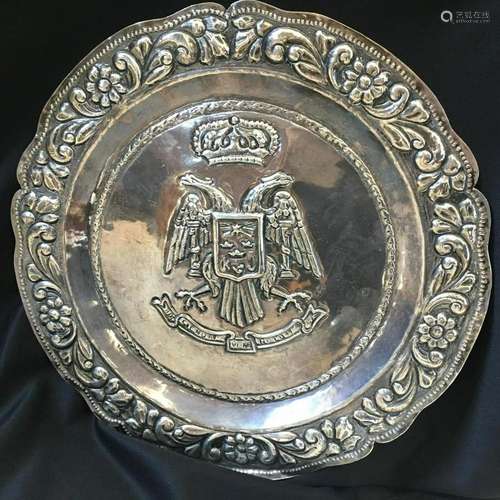 Antique Sterling Silver Serving Tray Double Eagle Crown Moti...