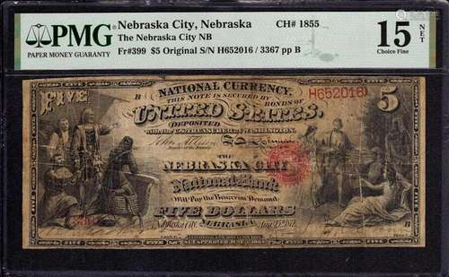 1865 $5 ORIGINAL SERIES NEBRASKA CITY NATIONAL BANKNOTE CURR...