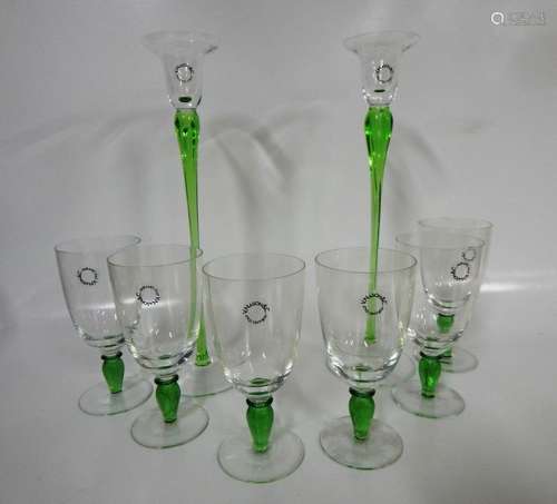 Drinking Set, Matching candlesticks and green stem glasses s...