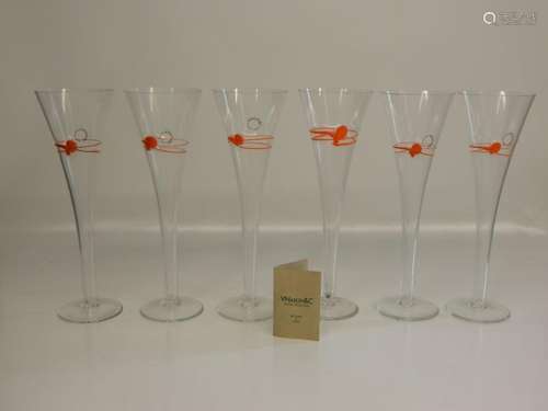 Set of 6 crystal glasses with hot application of orange thre...