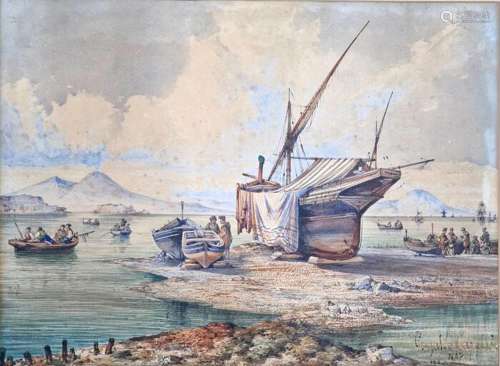 Consalvo Carelli (1818-1900) - Marina di Napoli con barche e...